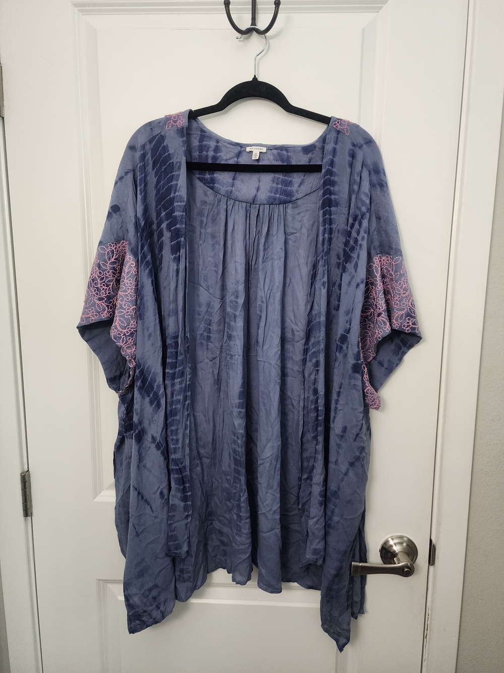 5/$30 Blue Tie-Dye Open Front Kimono with Pink Embroidered Sleeves